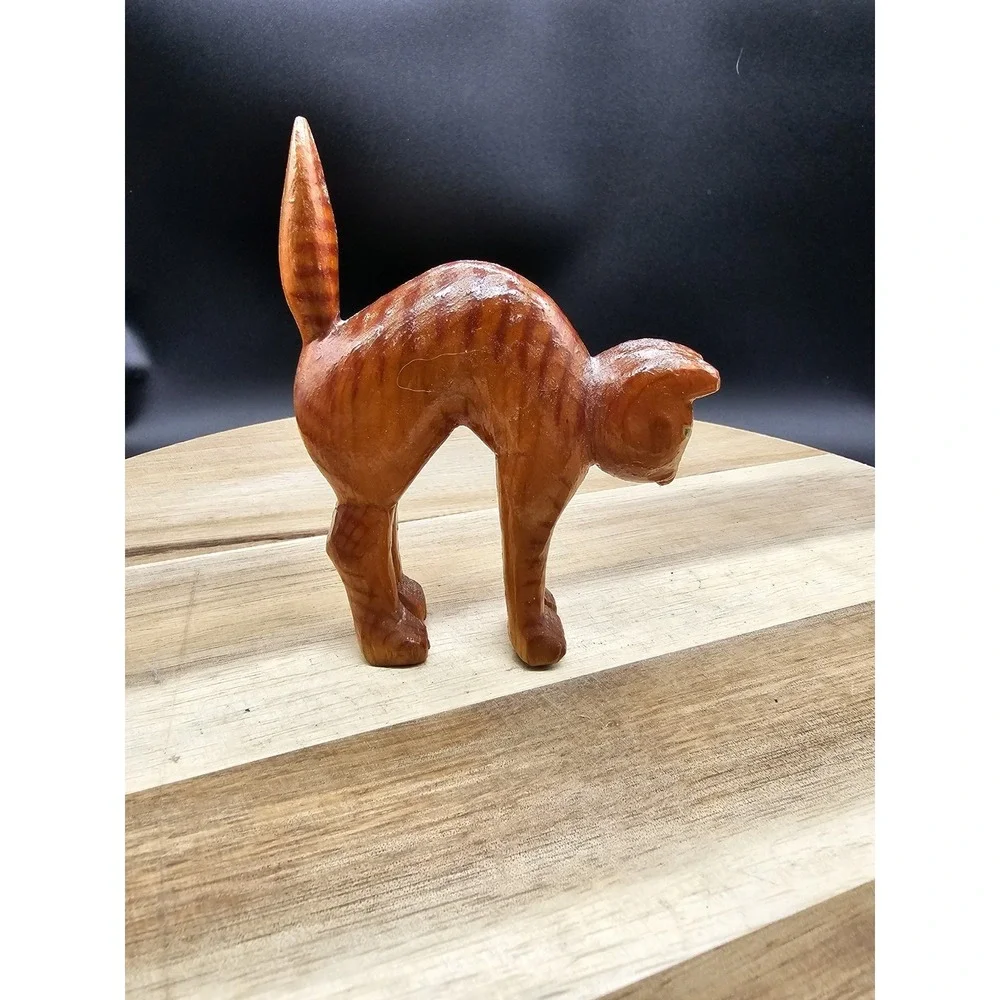 Vintage Hand Carved Wooden Orange‎ Cat Arched Back